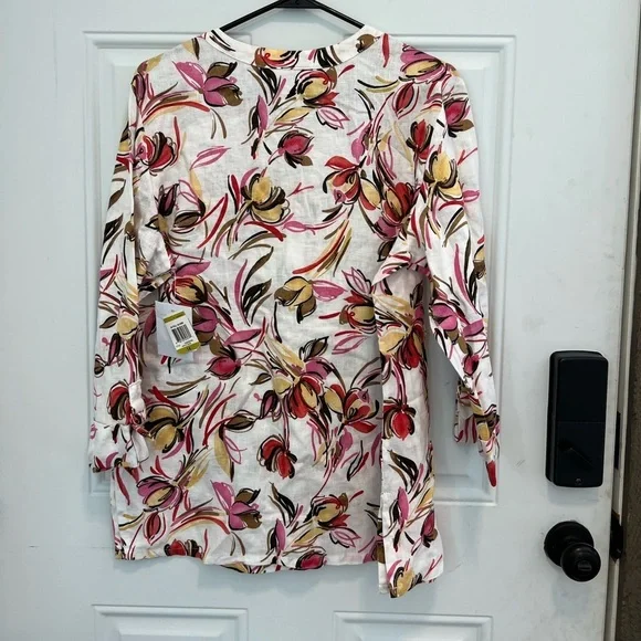 JM COLLECTION In full bloom Floral 100% Linen NWT Ladies Shirt - Picture 8 of 8